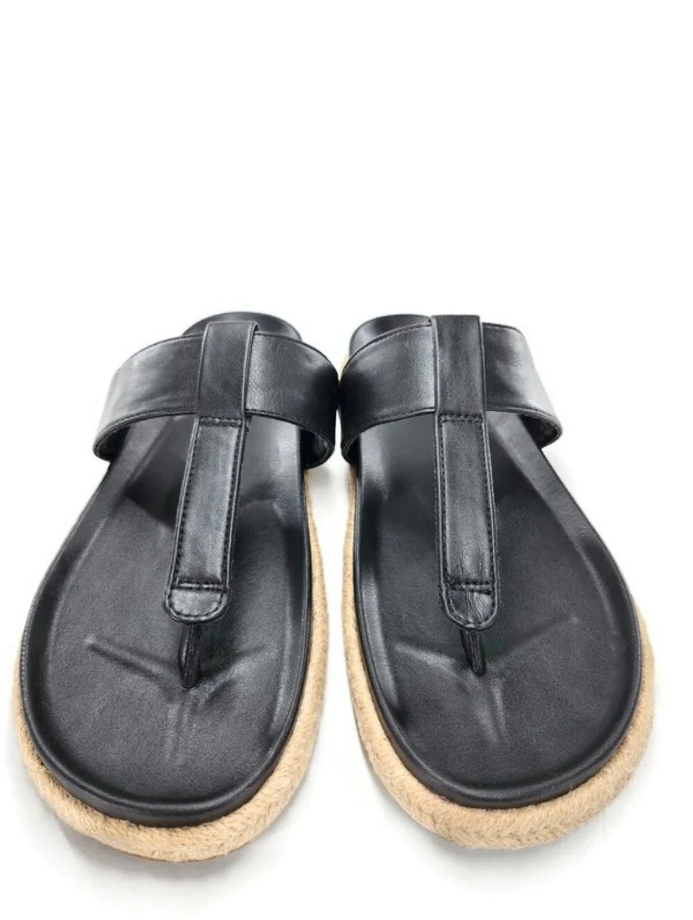 Joie Nacho Black Vegan Slide-On Thong Braided Jute Espadrille Flat Sandals